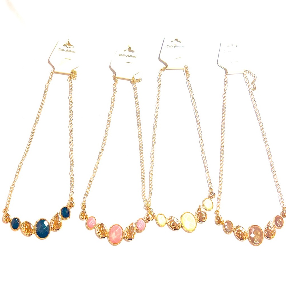 Set of 4! Gold and Onyx, Cream Brown Pink Gemstone Statement Necklaces